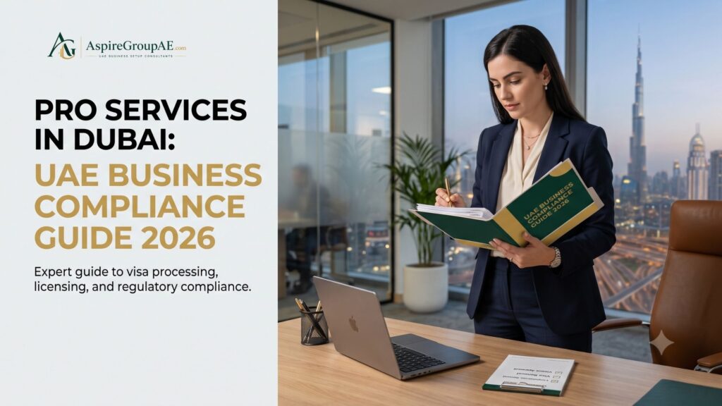 Professional woman reviewing UAE trade licence, visa and business compliance documents in a modern Dubai office.