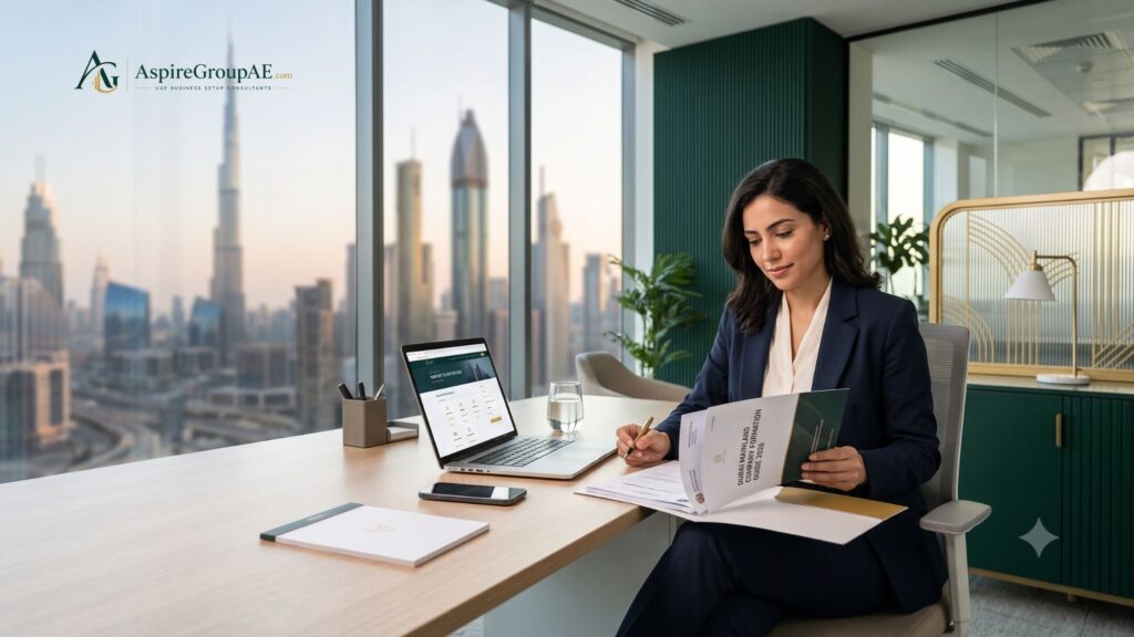 Professional businesswoman planning Dubai mainland company formation in a modern office