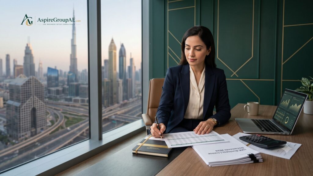Professional woman planning UAE business setup costs with licence, visa and budget documents